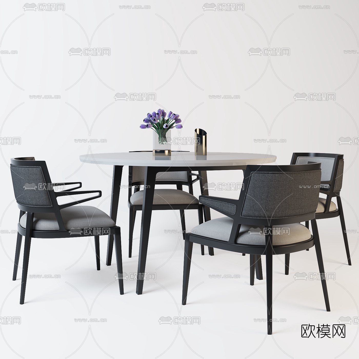 现代圆形四人桌餐桌椅3D模型下载（渲染图1）