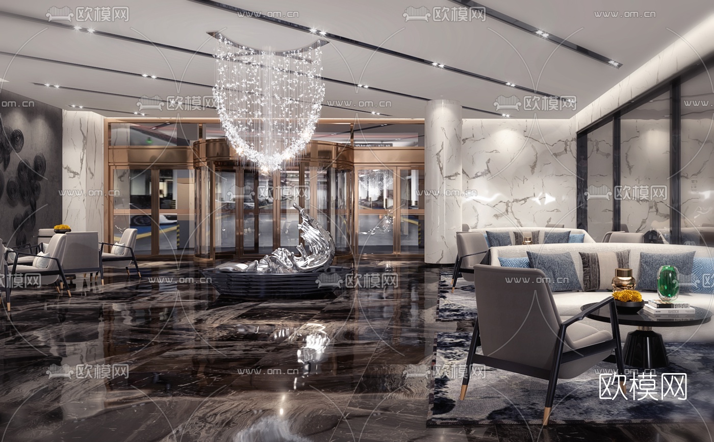 现代轻奢地下休息区3d模型下载（渲染图1）