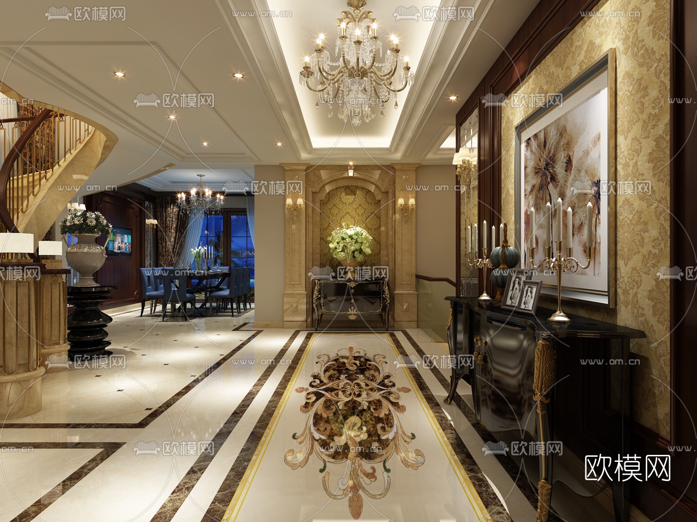 欧式客厅餐厅组合3D模型下载（渲染图2）