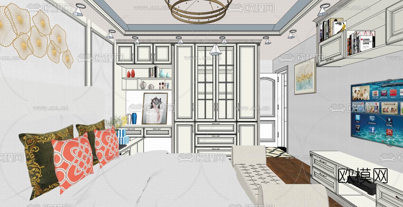 简欧卧室主人房su模型下载（渲染图2）