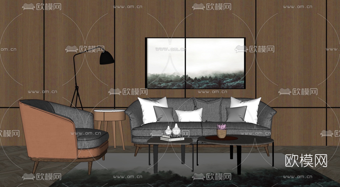 北欧沙发组合su模型下载（渲染图1）