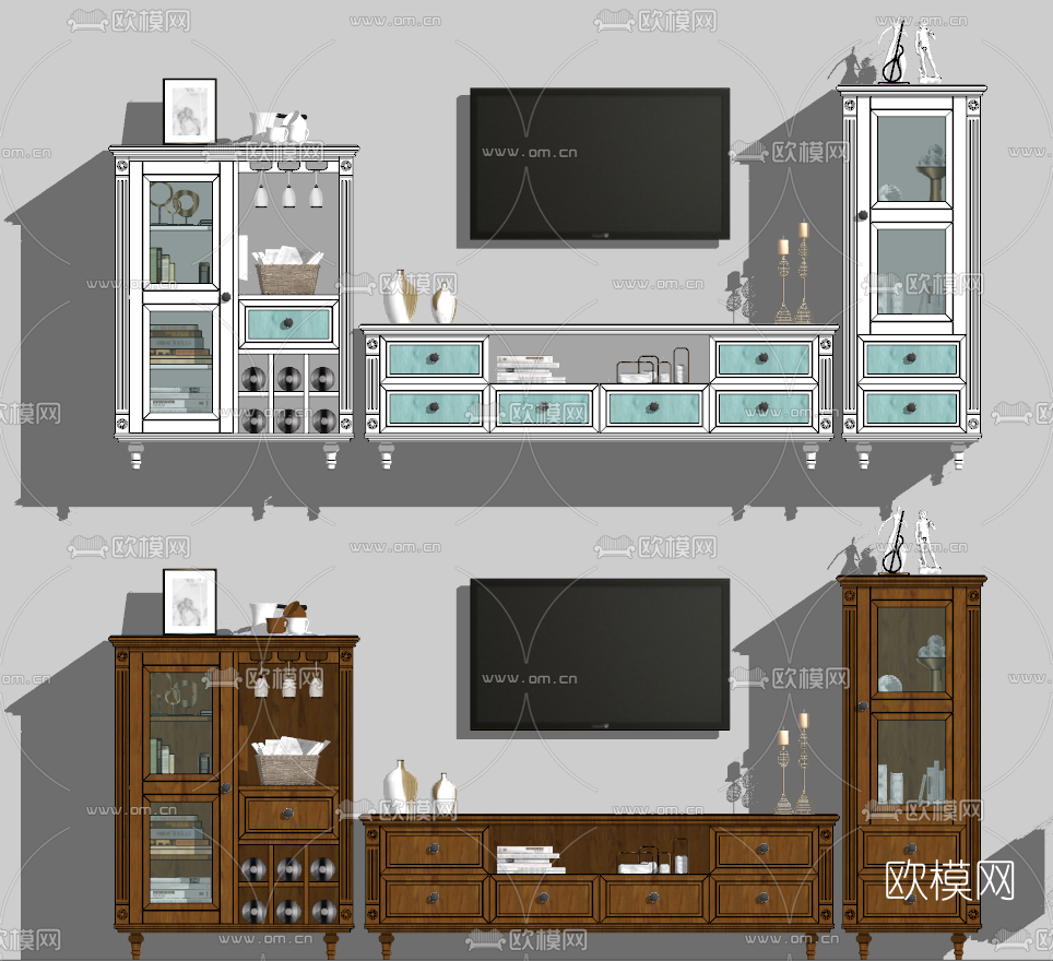 美式电视柜组合柜su模型下载（渲染图2）