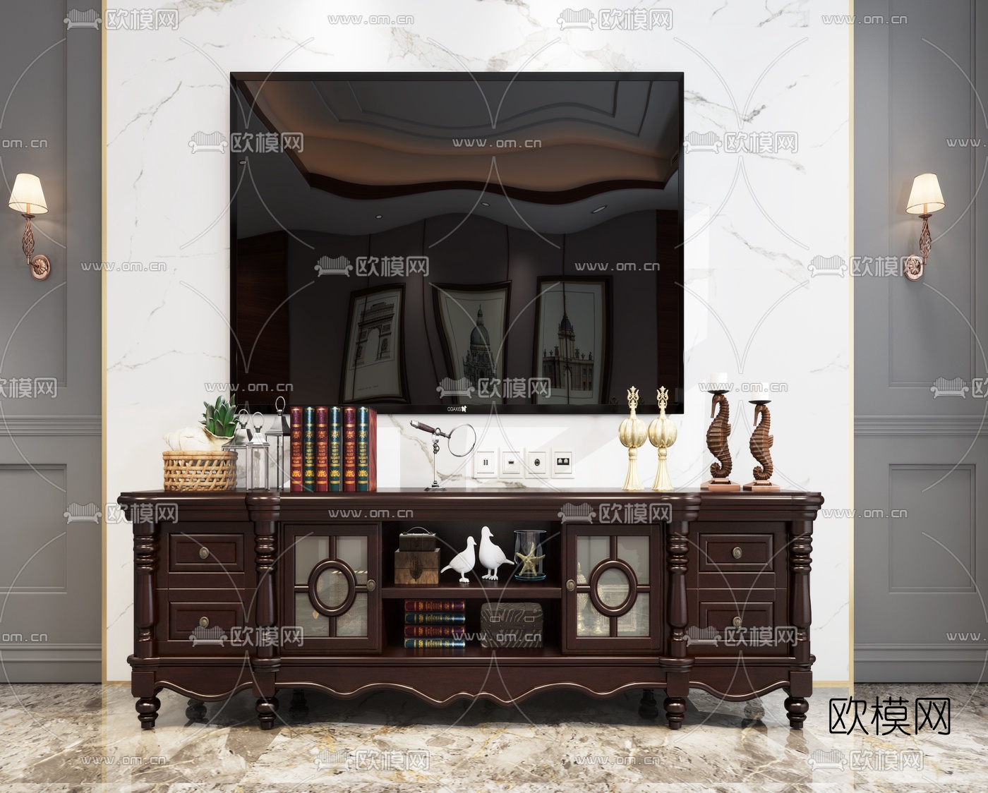 美式实木电视柜3d模型下载