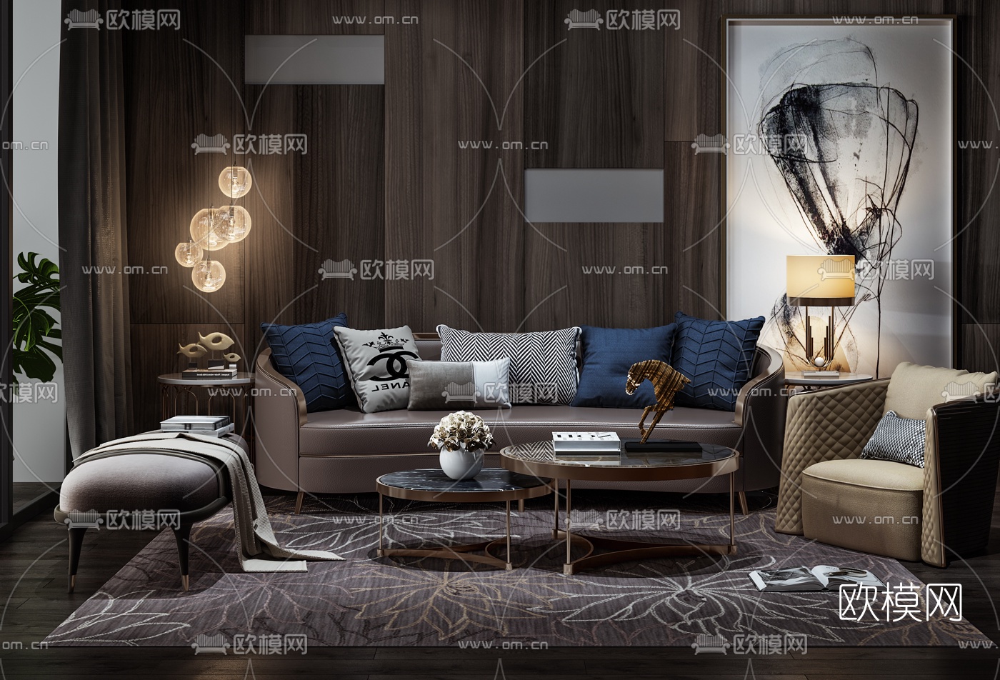 现代轻奢沙发组合3d模型-免费3dmax模型库-欧模网