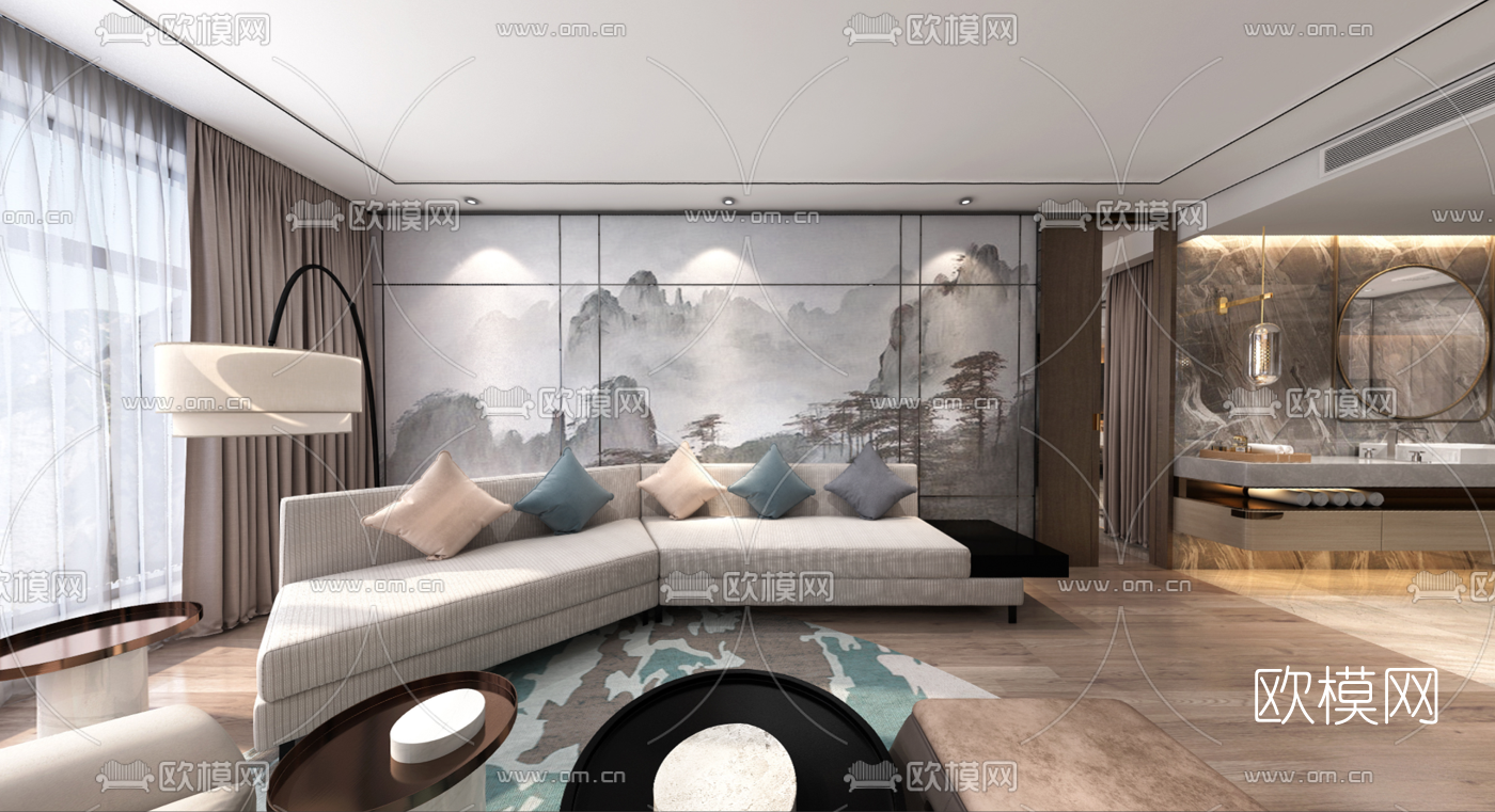 新中式酒店套房全景3d模型