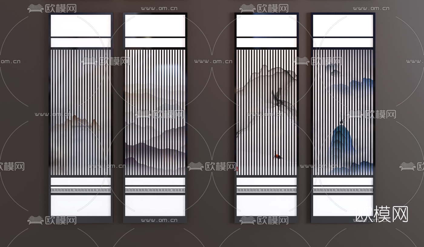 新中式水墨屏风隔断3d模型下载（渲染图3）