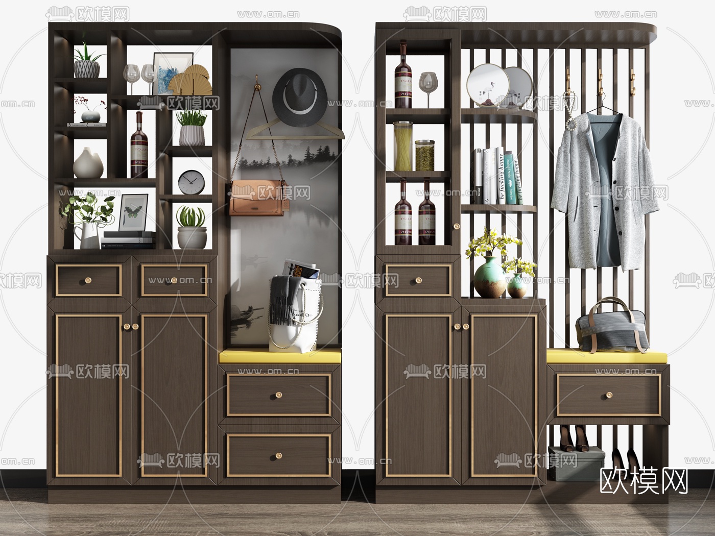 新中式实木鞋柜组合3d模型下载