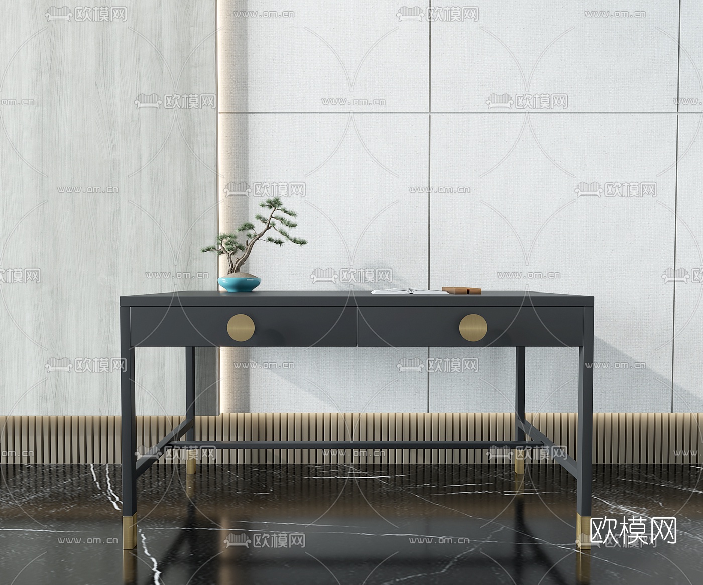 新中式方形书桌3d模型下载