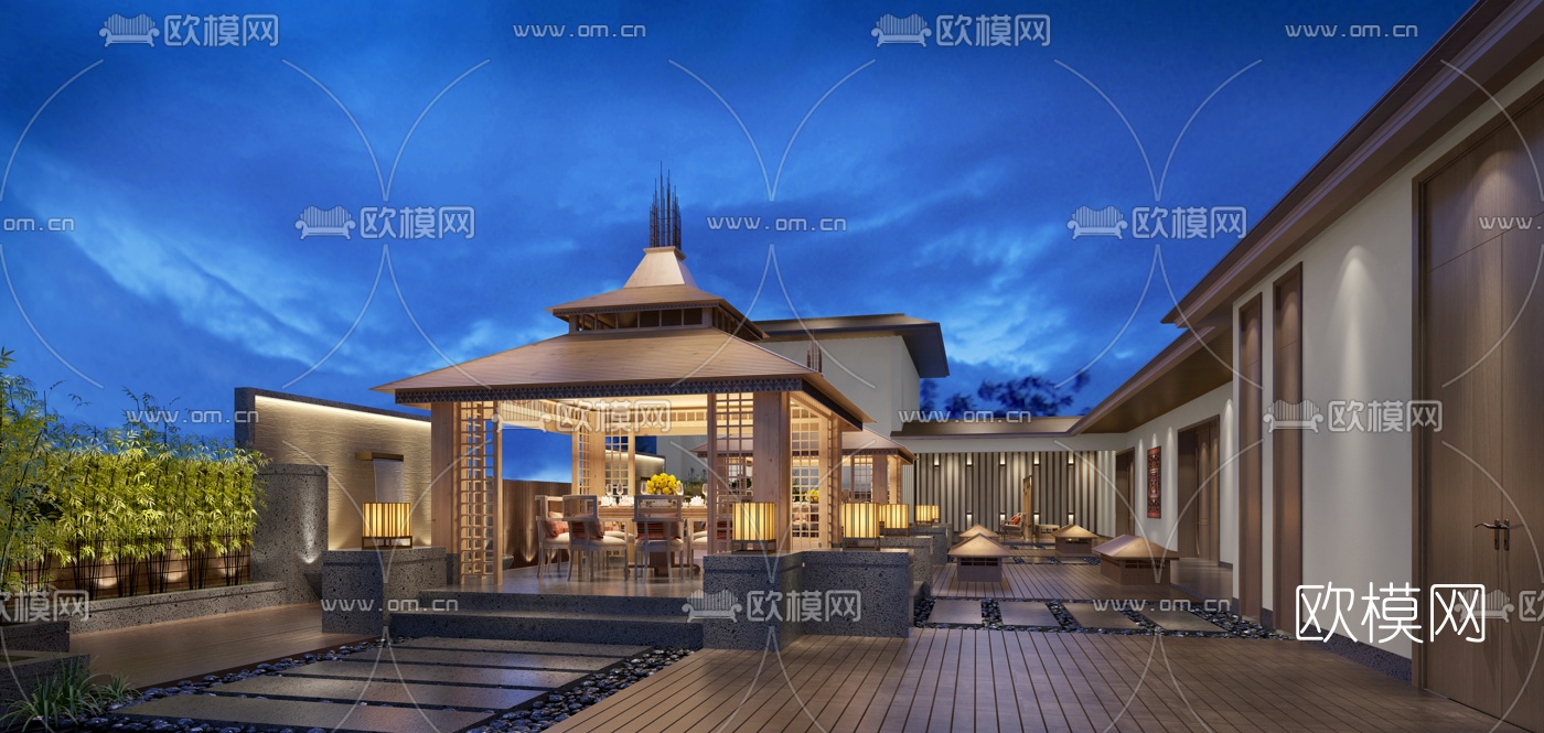 新中式露天花园夜景3d模型