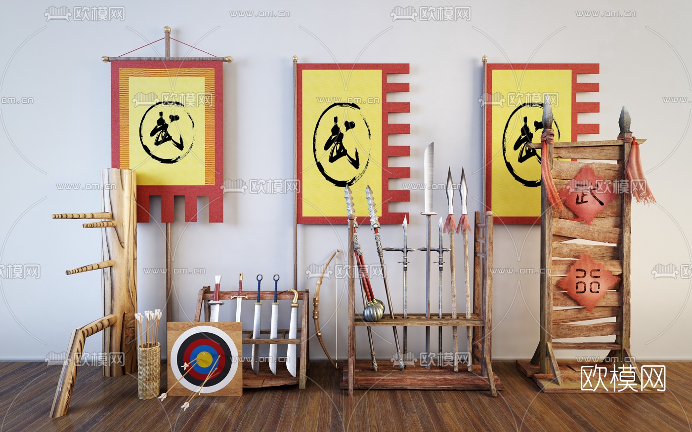 中式武馆兵器架弓箭靶木人桩战旗组合3D模型下载（渲染图1）
