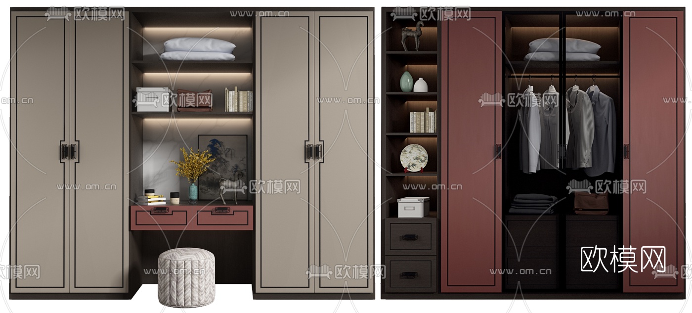 新中式梳妆台衣柜su模型下载（渲染图1）