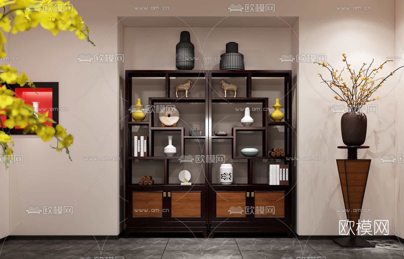 中式实木装饰柜3d模型下载（渲染图1）