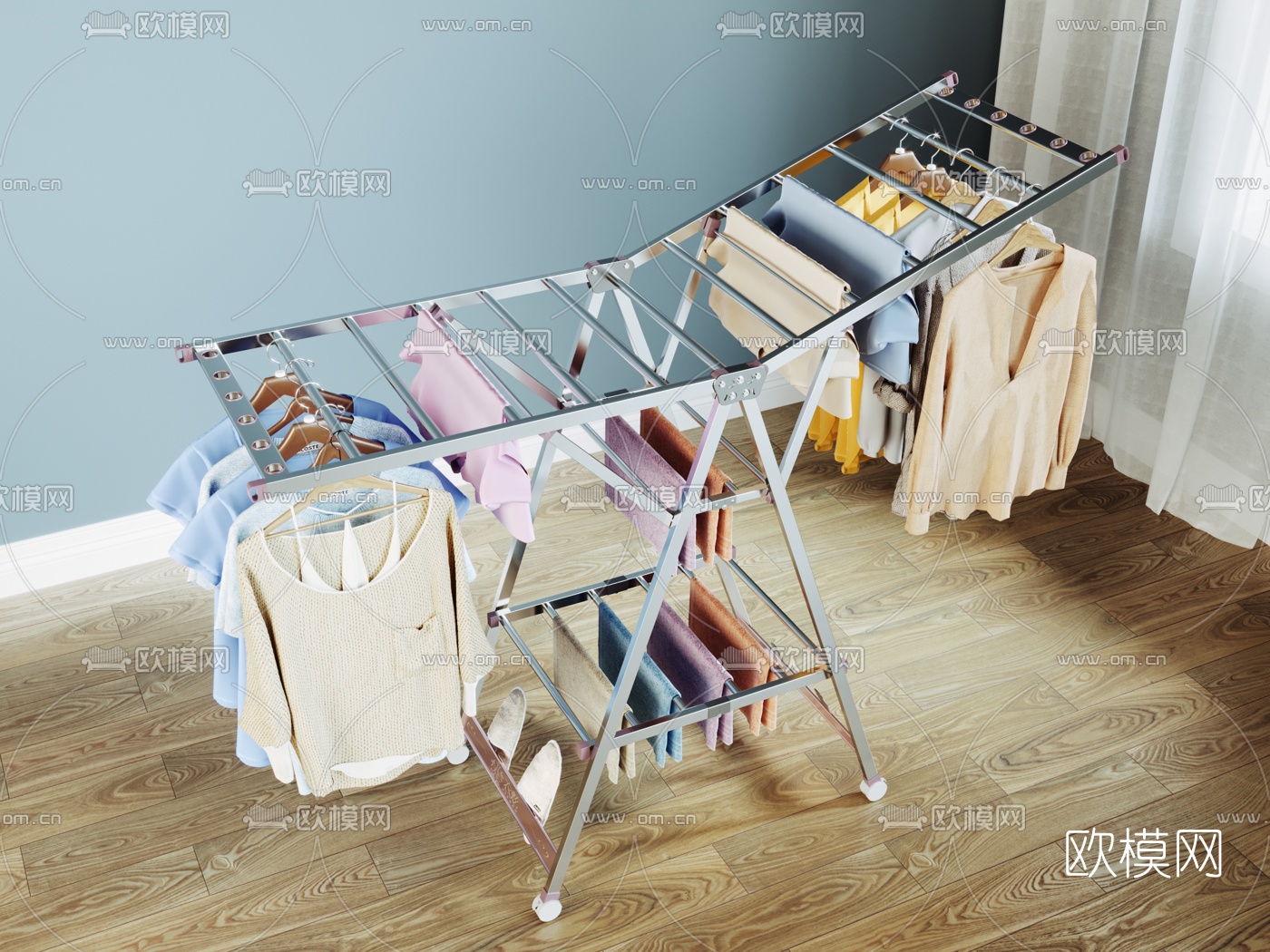 现代金属落地折叠晾衣杆3d模型下载（渲染图2）