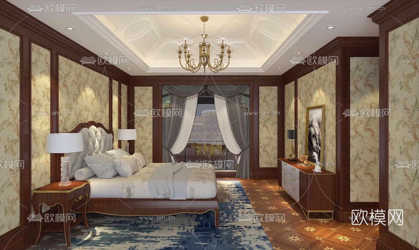 欧式古典卧室主人房su模型下载（渲染图1）