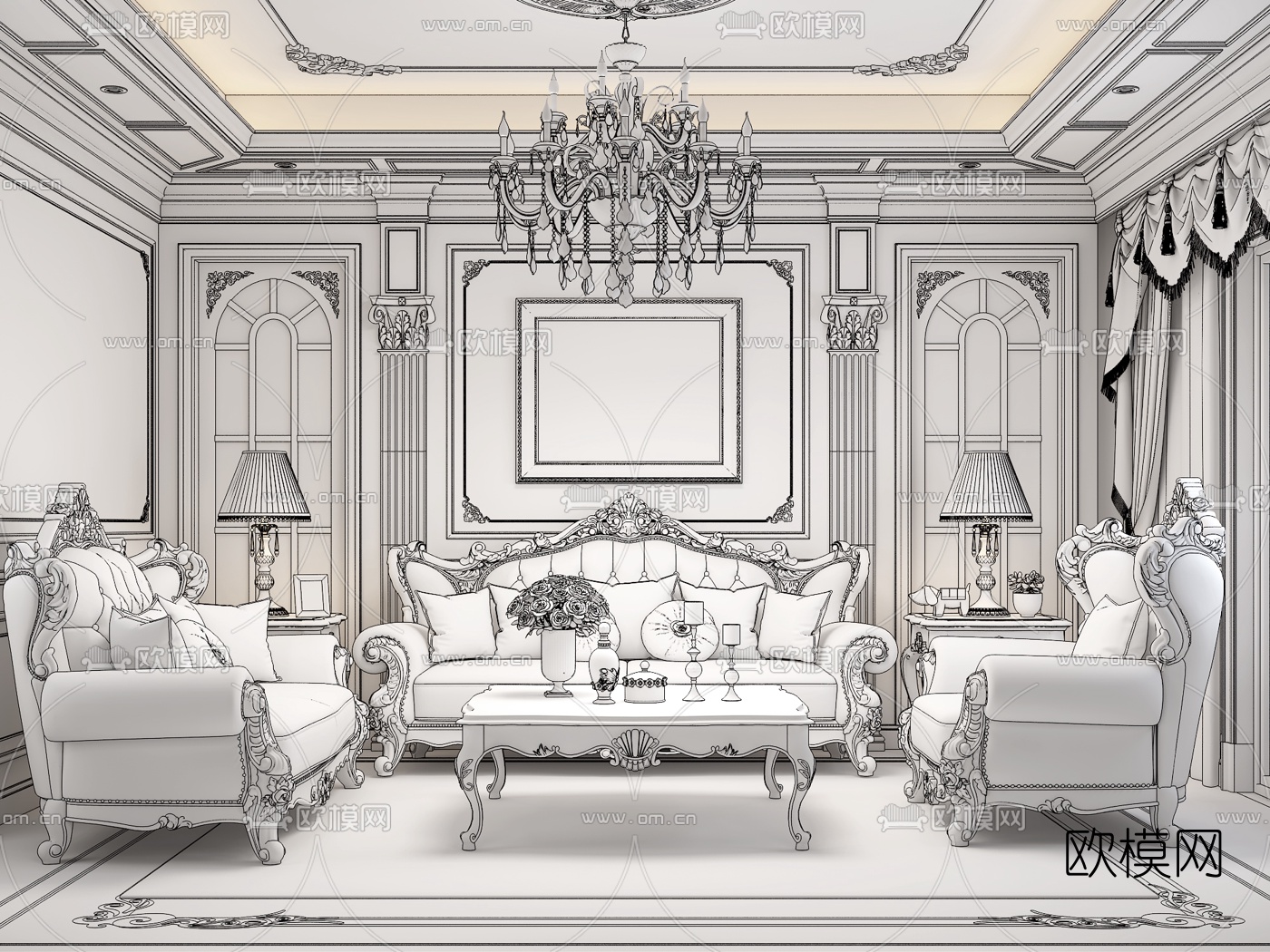 欧式皮革沙发茶几吊灯组合3D模型下载（渲染图2）