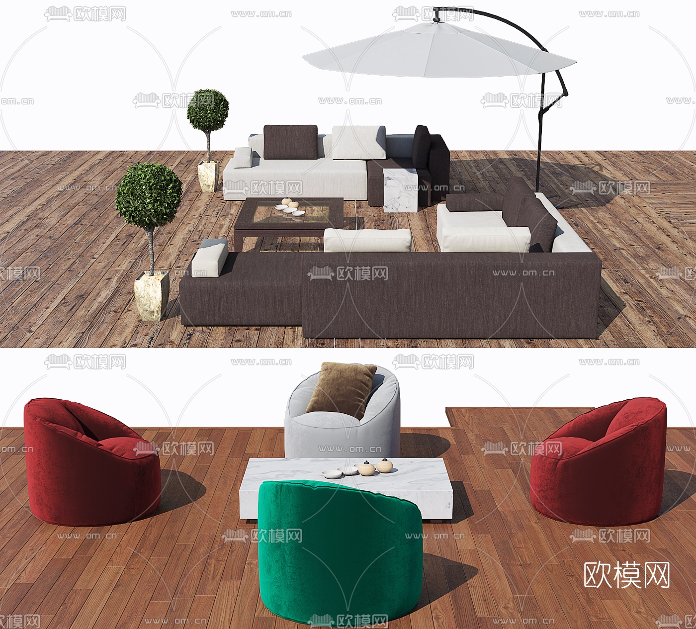 现代户外布艺沙发太阳伞组合3D模型-免费3dmax模型库-欧模网