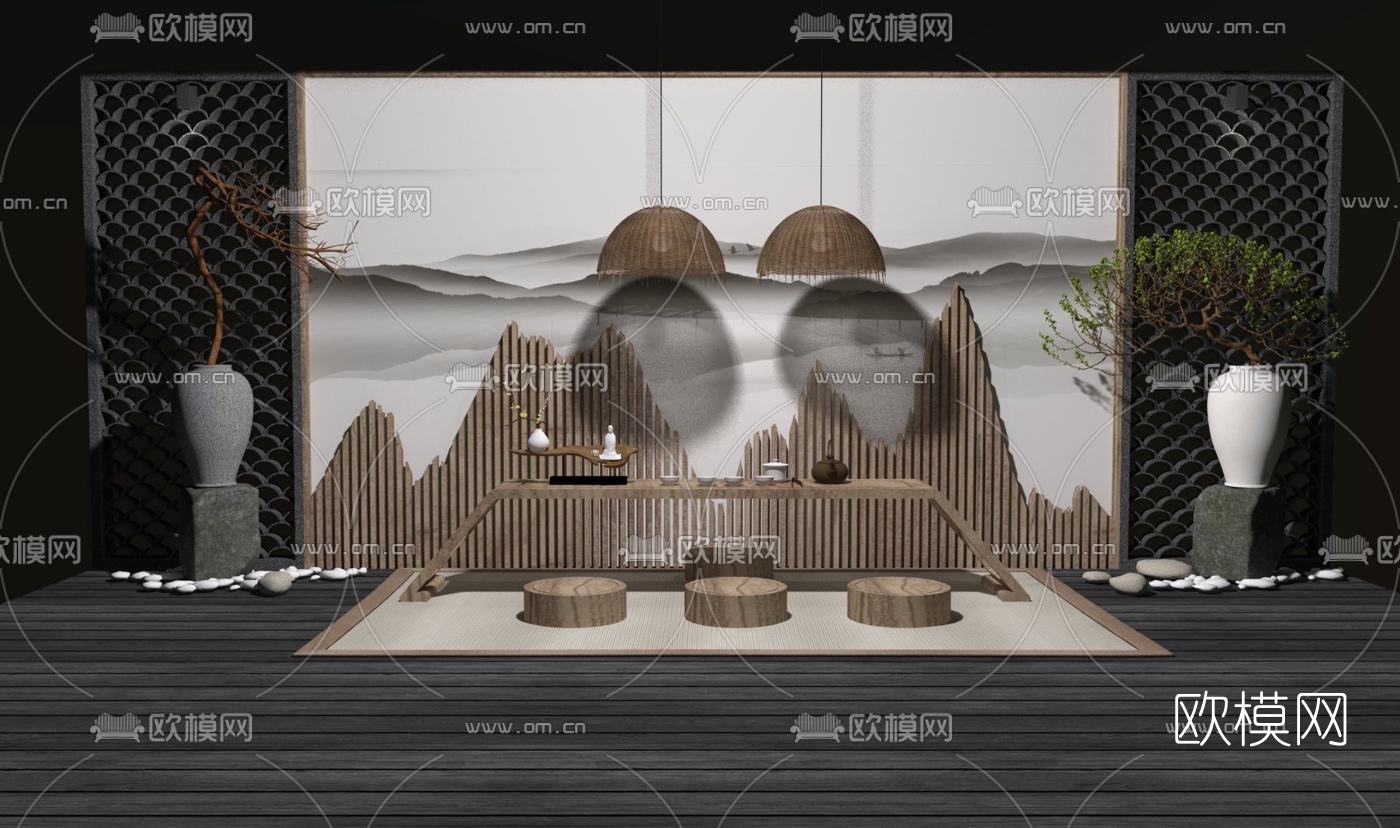 中式实木泡茶桌椅su模型下载（渲染图1）