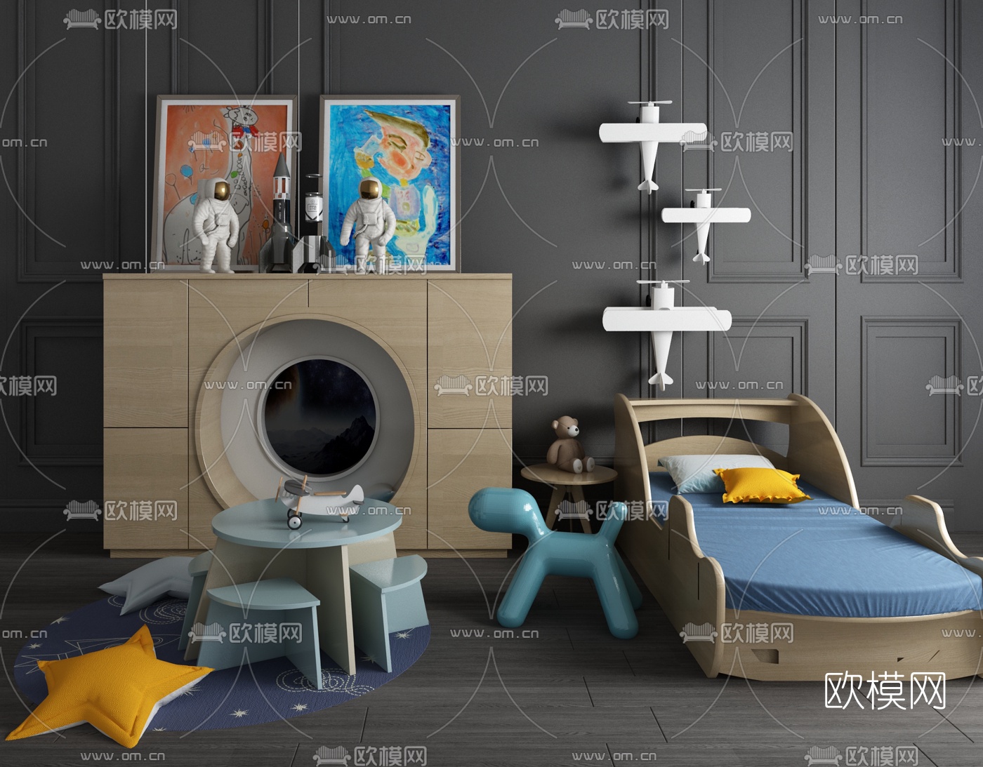 现代儿童桌椅床装饰柜玩具摆件3d模型