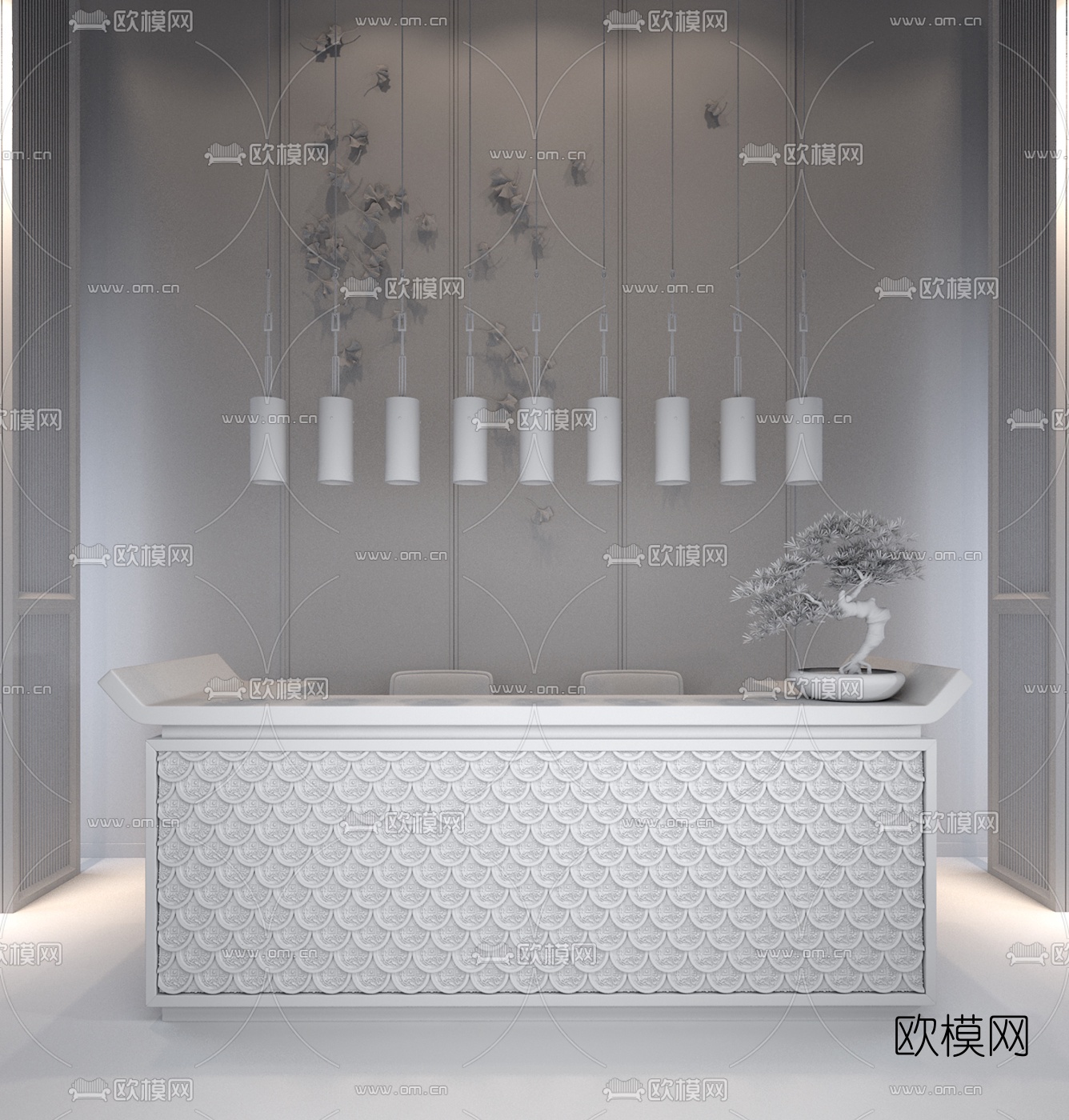 韩松设计 新中式售楼处前台3D模型下载（渲染图2）