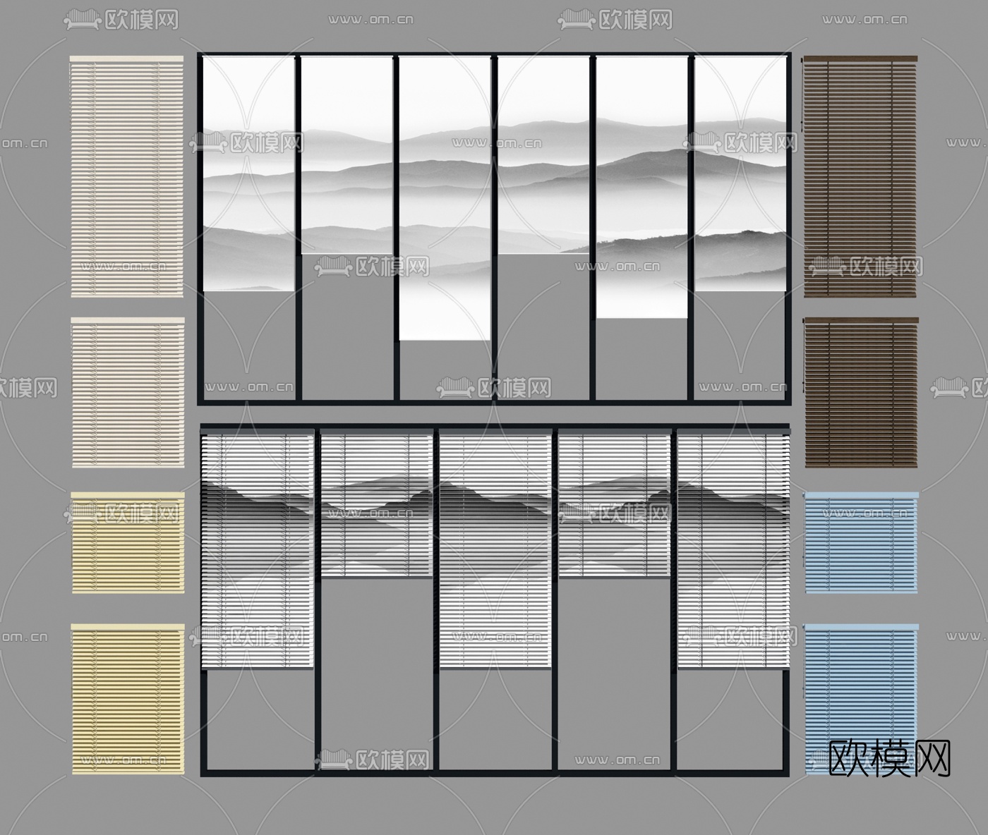 新中式山水窗帘百叶窗帘组合3d模型下载