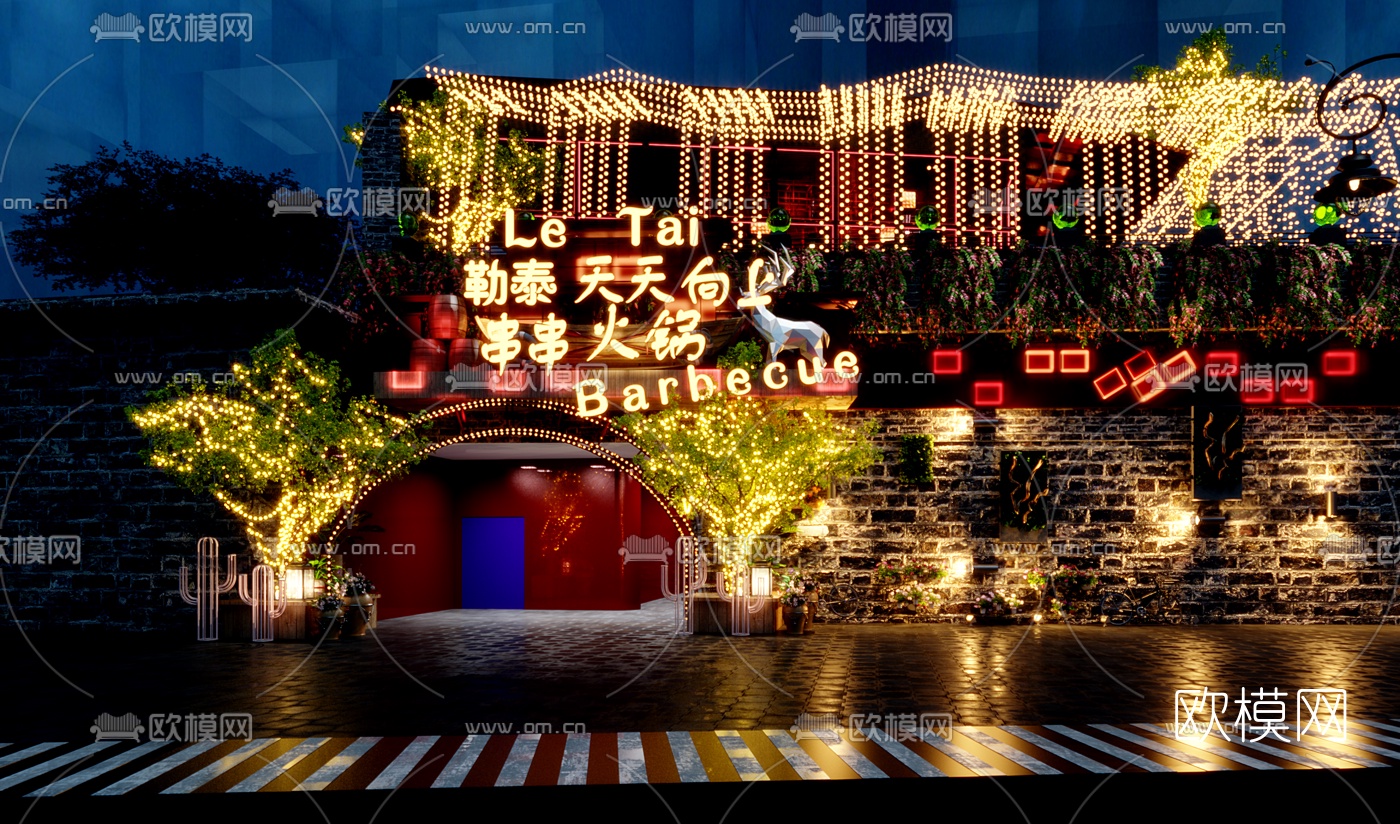 新中式火锅店门头夜景3d模型