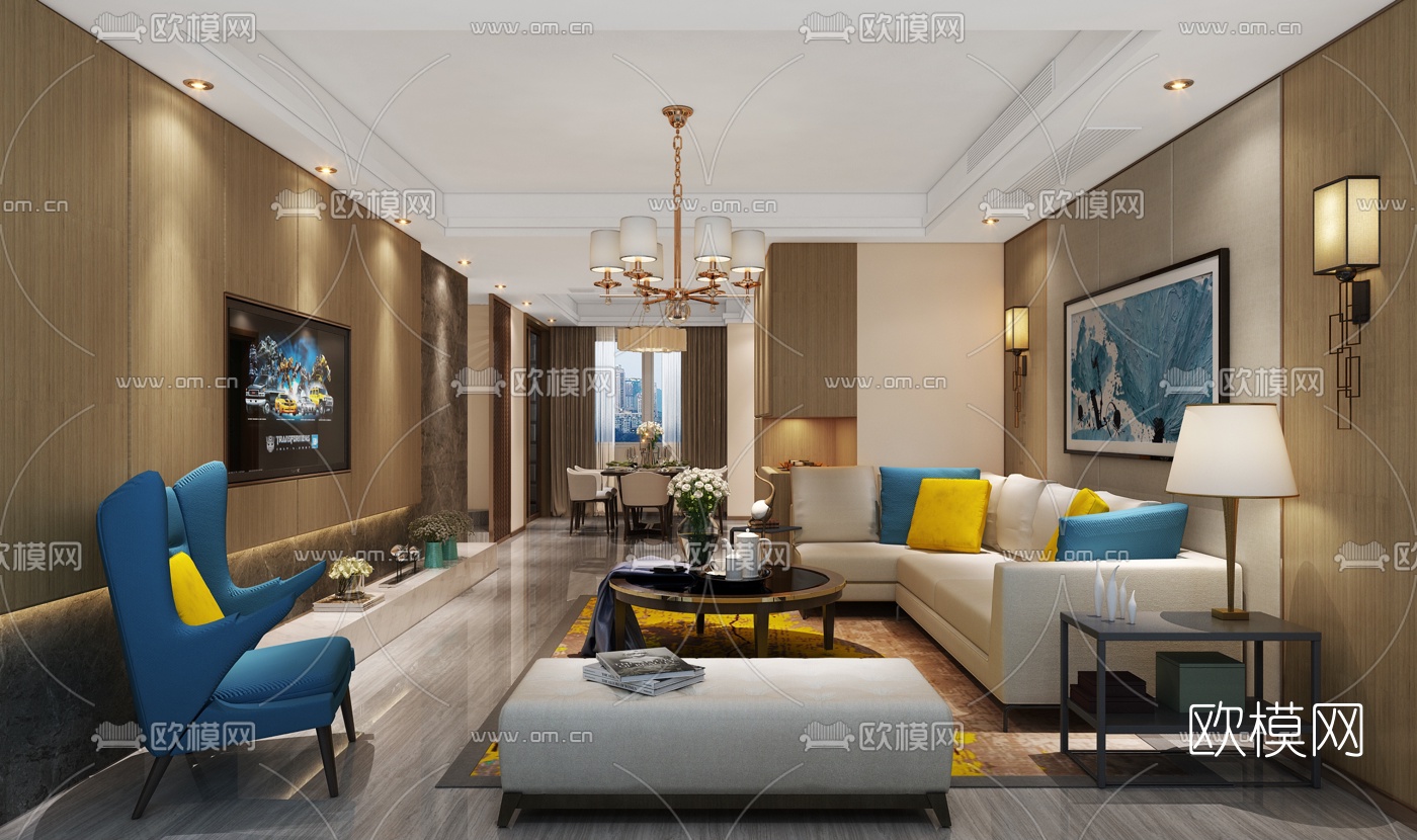 现代客厅餐厅空间3D模型