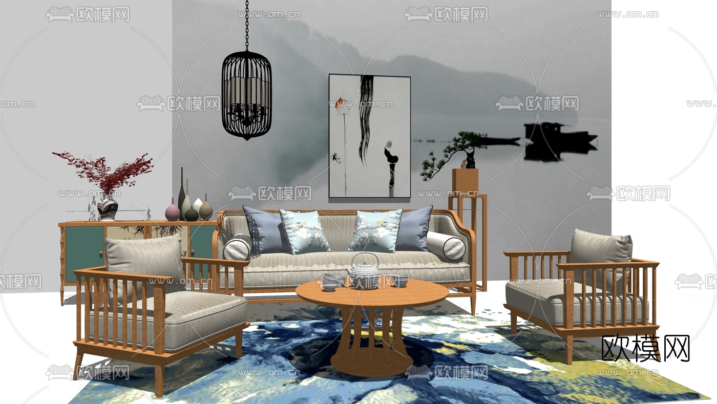 新中式沙发组合su模型下载（渲染图2）