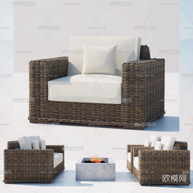 现代户外藤编沙发组合3D模型