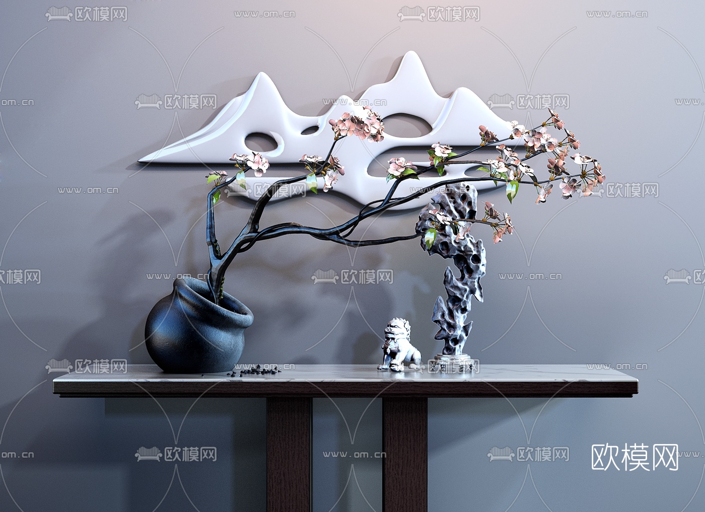 新中式梅花石狮子假山摆件3d模型