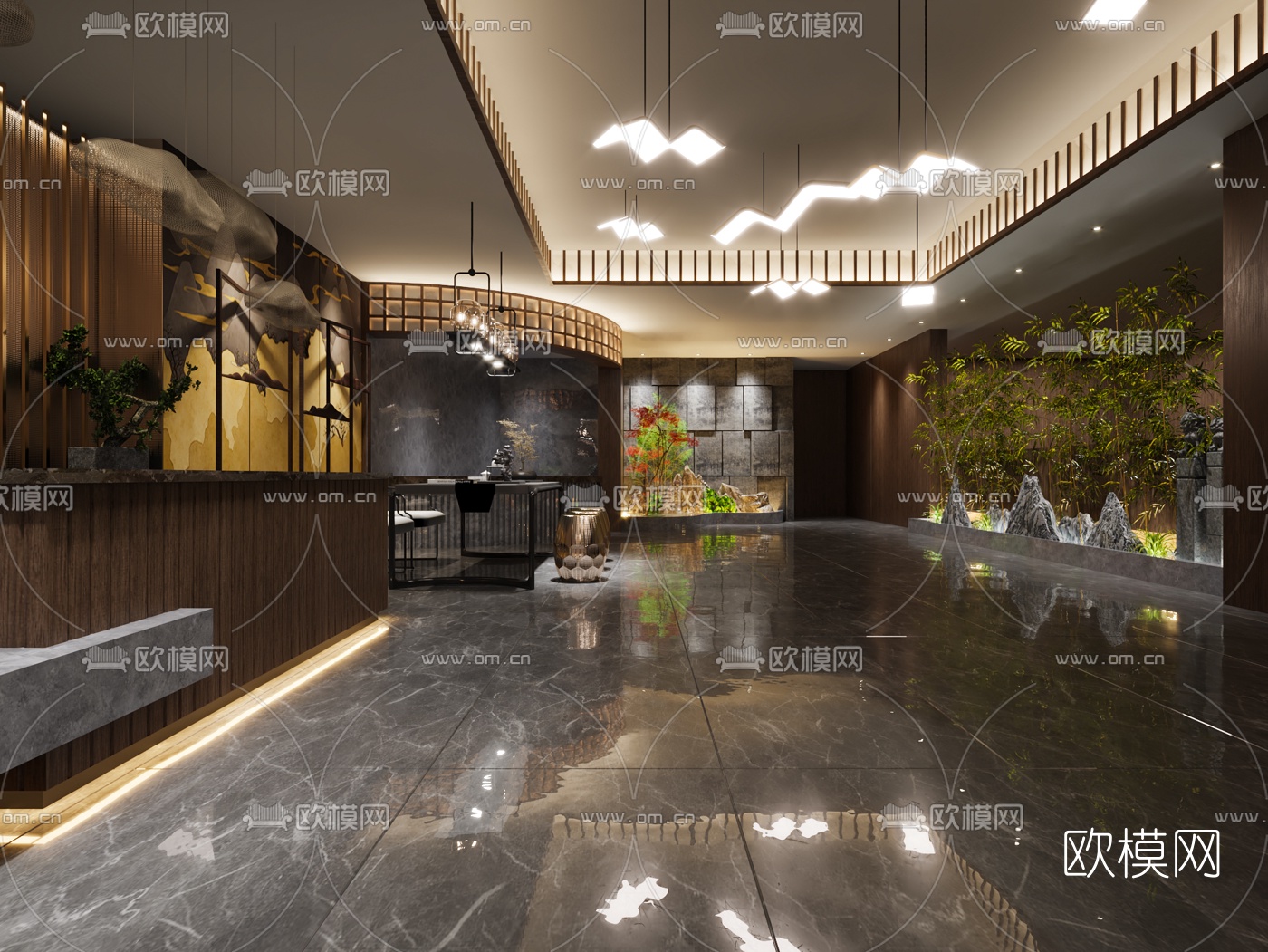 新中式茶楼接待大厅3d模型下载_ID10033688_3dmax免费模型-欧模网