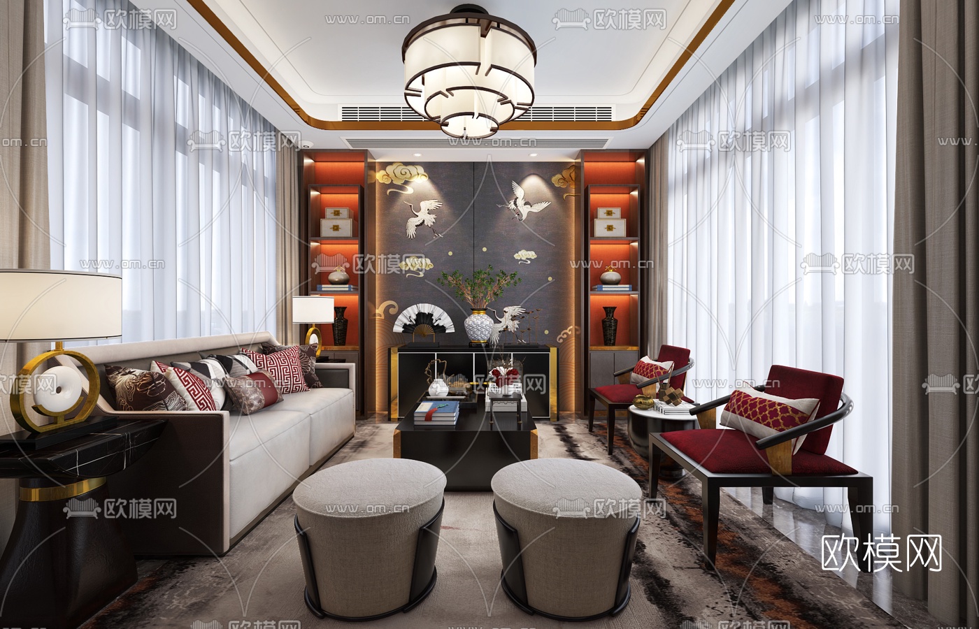 美致家居设计 新中式客厅3d模型下载（渲染图1）