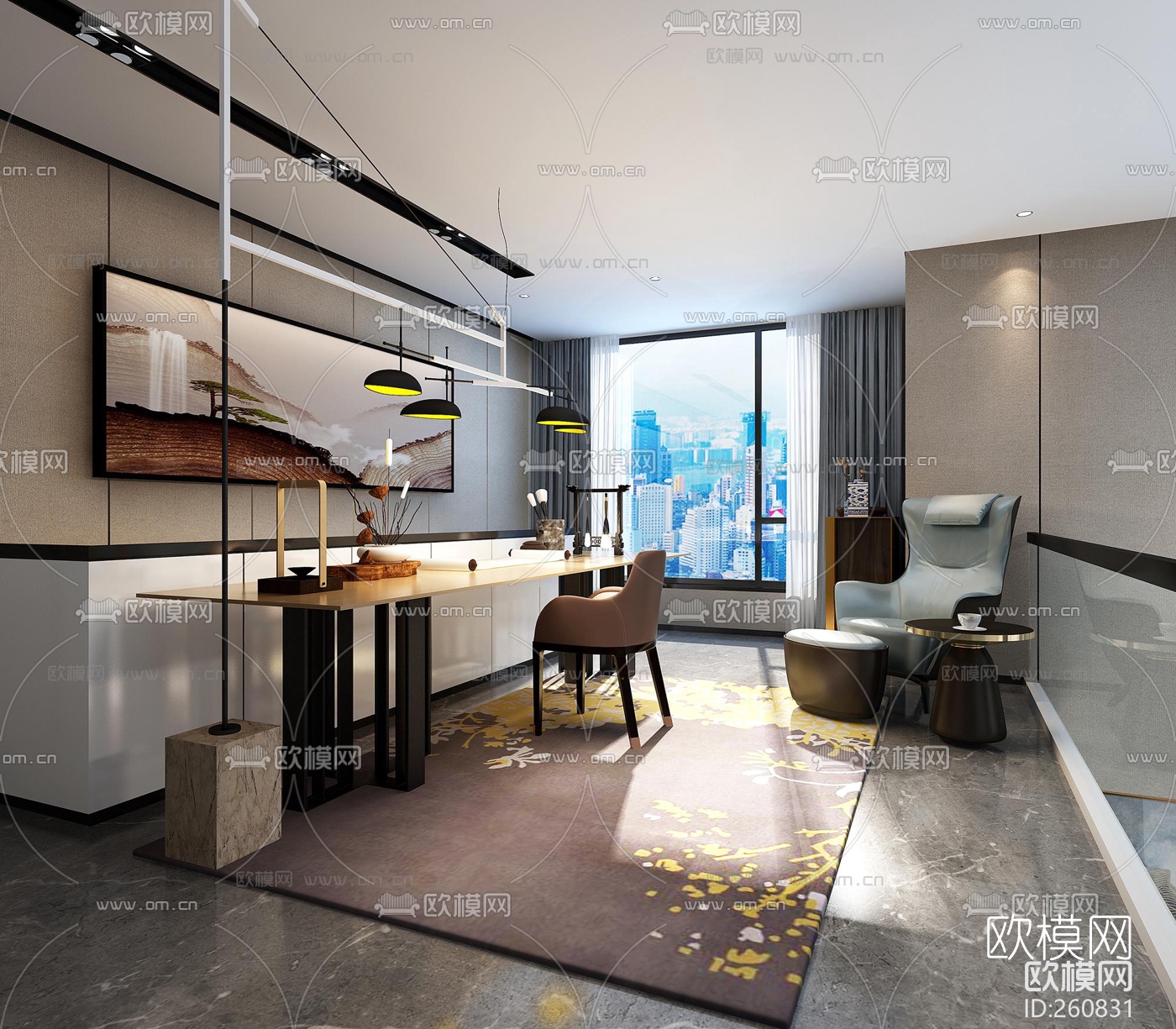 粱志天现代书房休闲空间3D模型