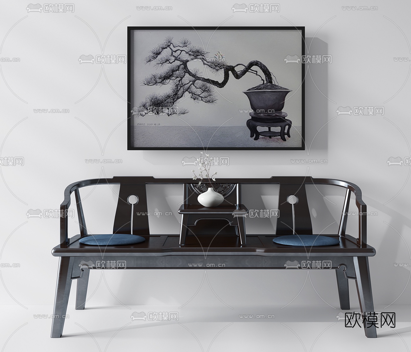 新中式实木罗汉床摆件组合3D模型下载