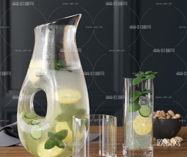 现代玻璃杯柠檬水3D模型