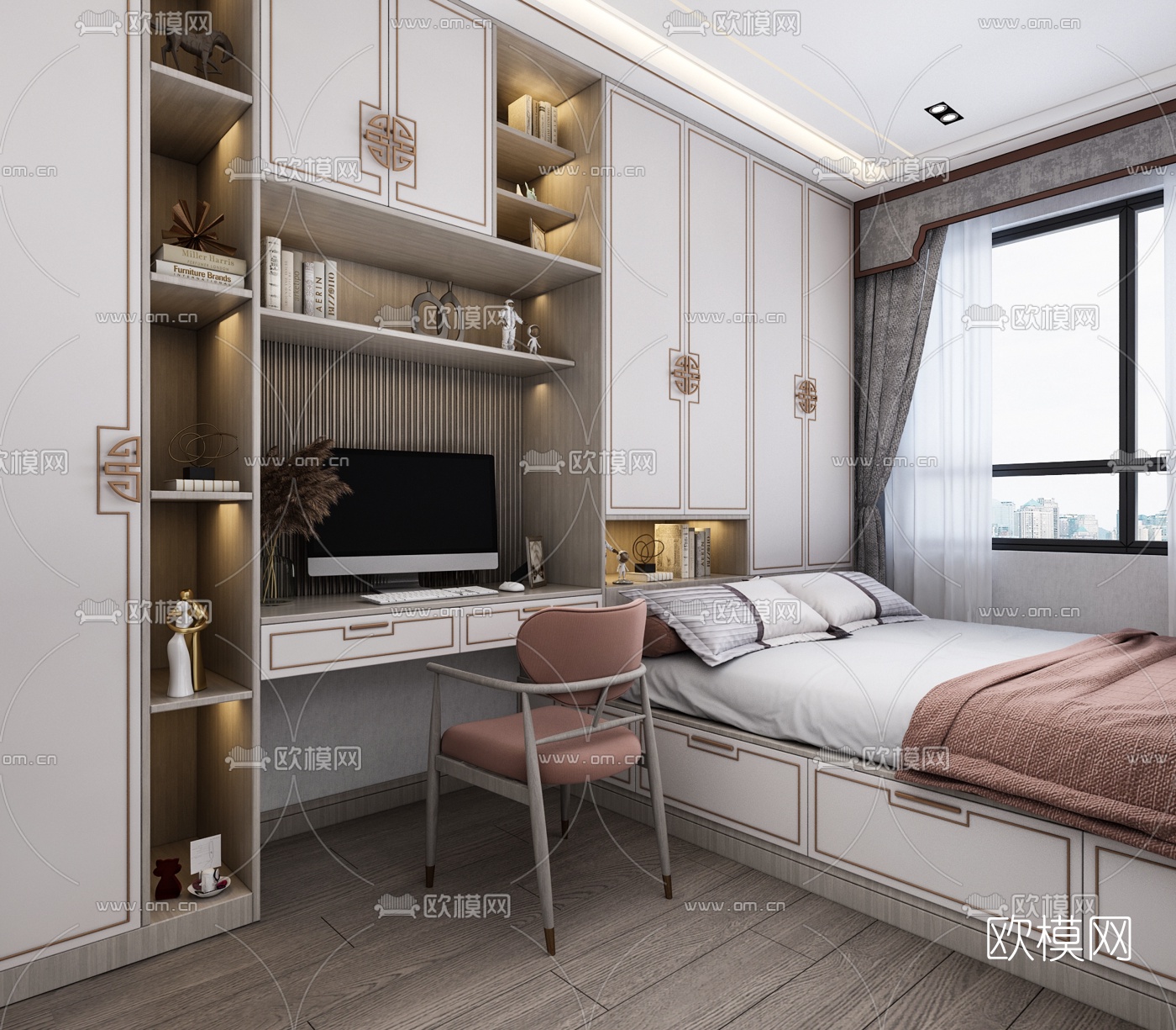 新中式榻榻米卧室3d模型下载（渲染图1）