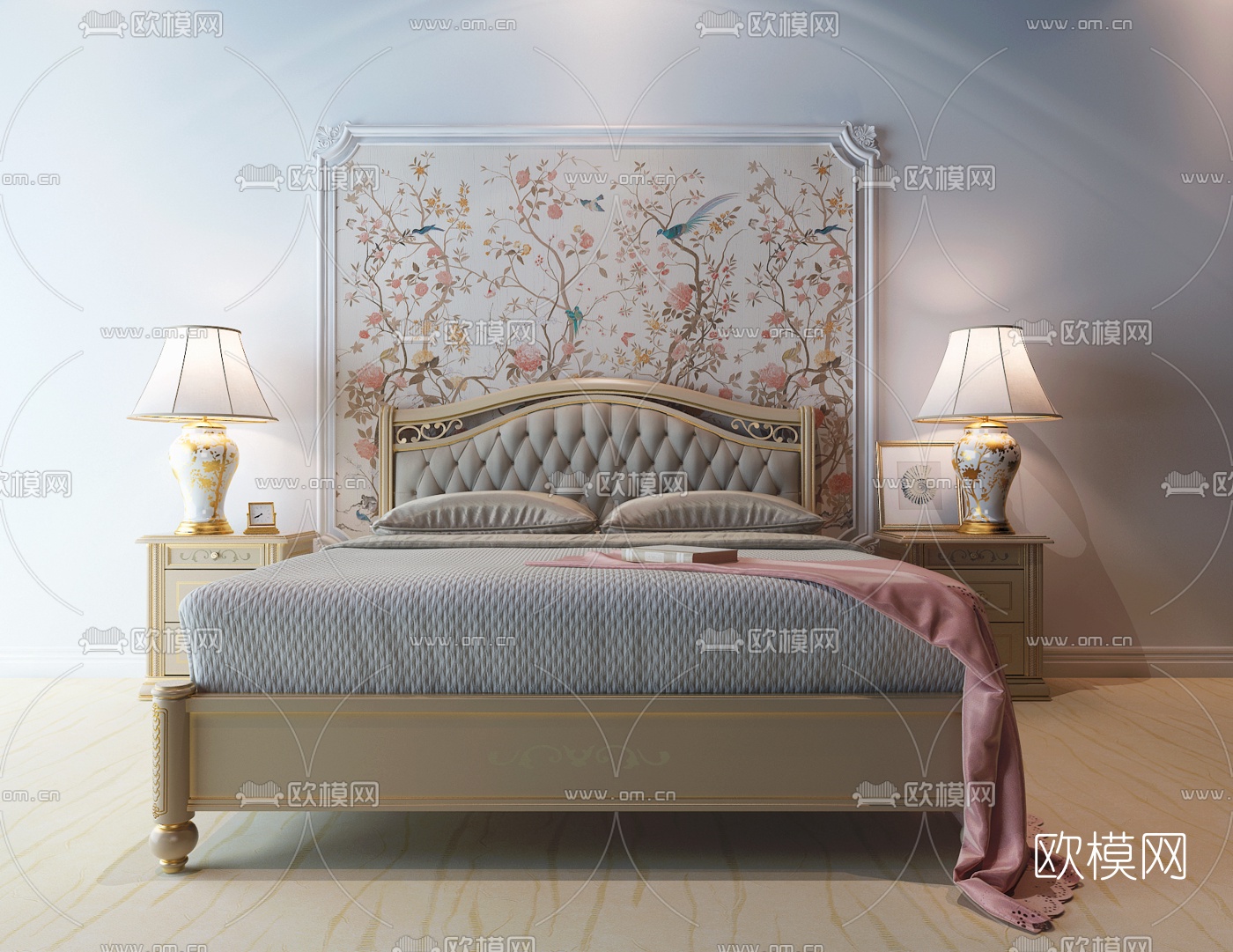 欧式双人床床头柜组合3d模型下载