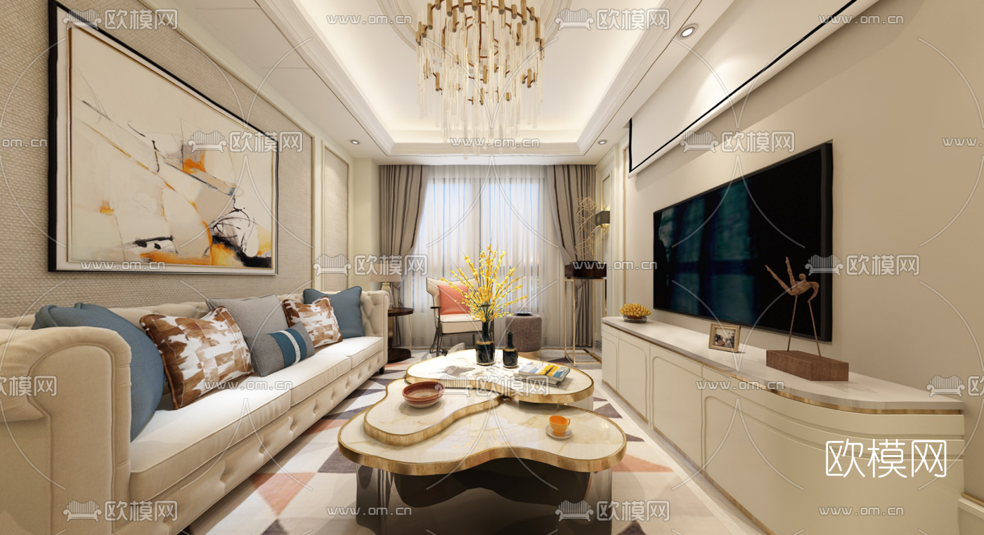 简欧客厅餐厅全景3D模型-免费3dmax模型库-欧模网
