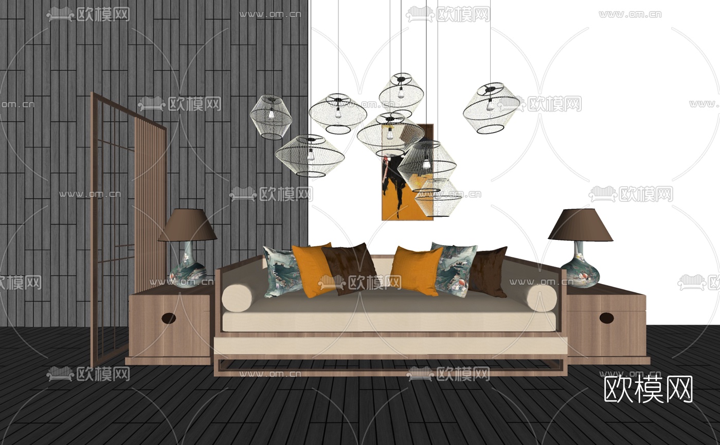 新中式罗汉床su模型下载