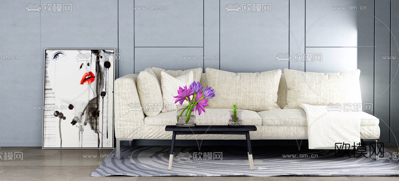 现代布艺双人沙发茶几装饰画组合3D模型下载