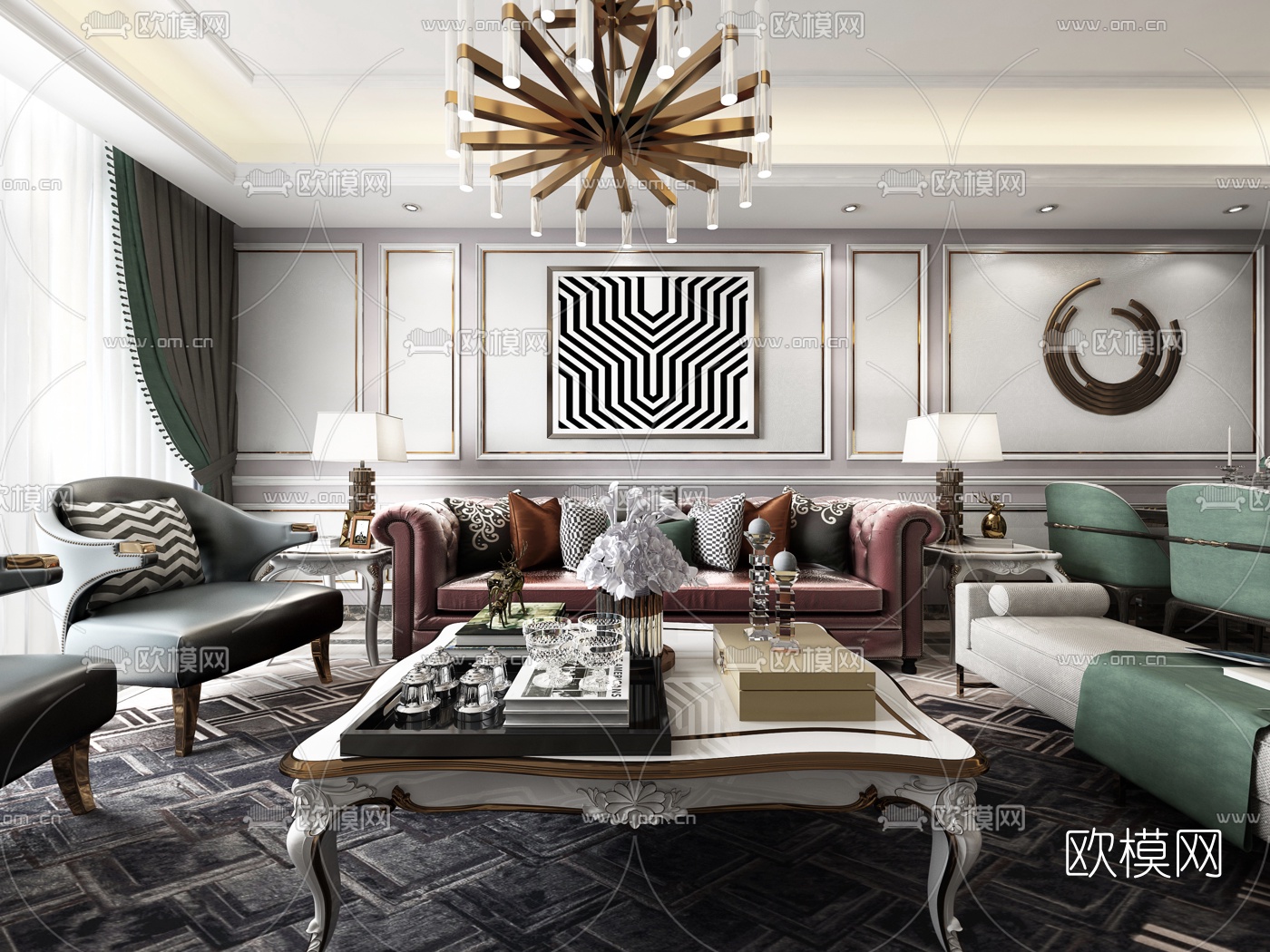 新古典客厅3d模型下载（渲染图2）