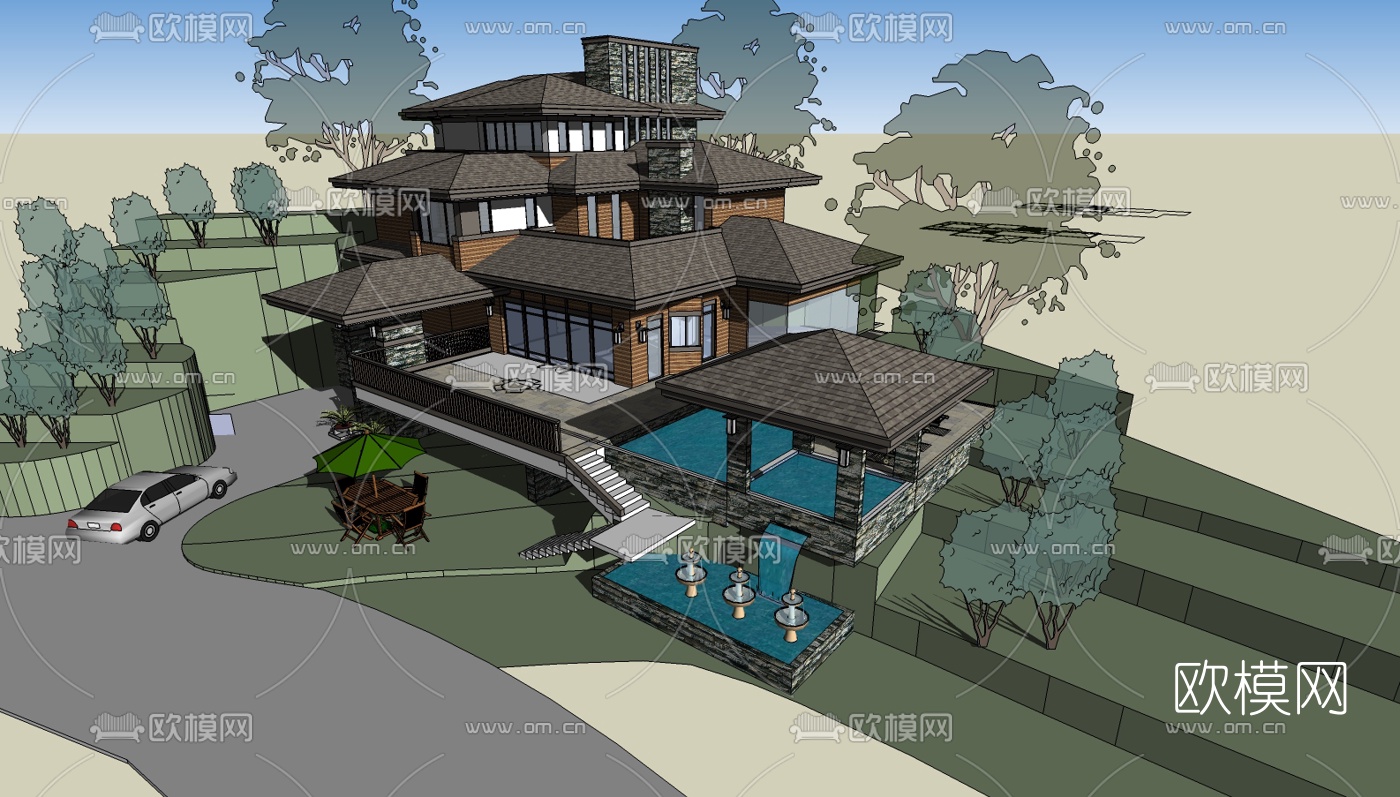 现代独栋别墅su模型下载（渲染图3）