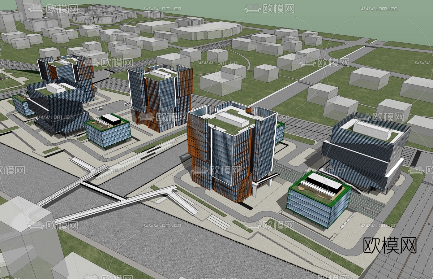 现代办公园区鸟瞰su模型下载（渲染图2）