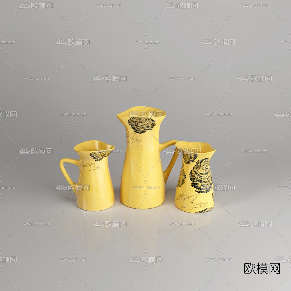 新中式金属陶瓷花瓶器皿摆件组合3D模型下载（渲染图6）