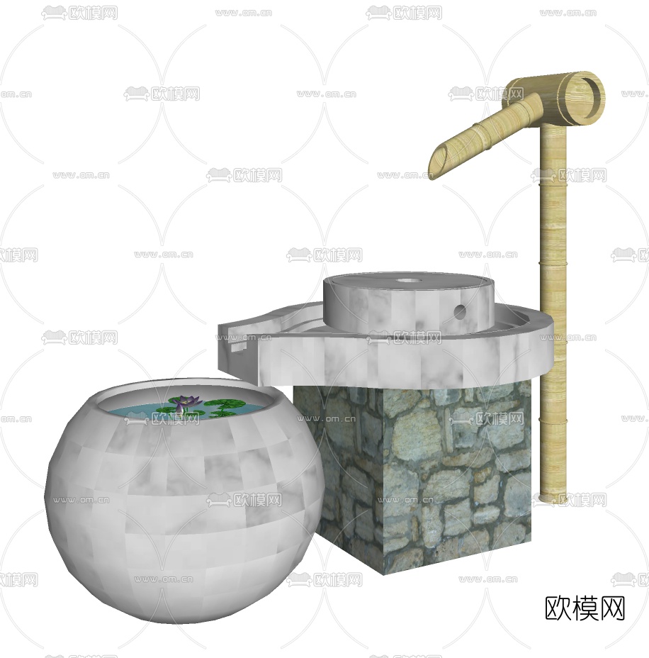 中式竹子流水小品免费su模型下载