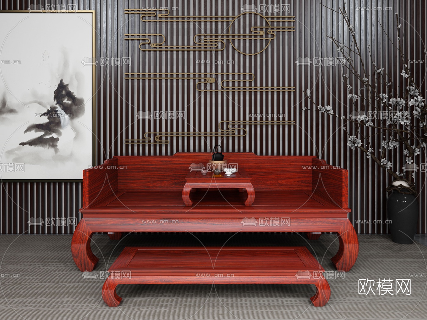 中式实木罗汉床双人沙发3d模型下载（渲染图1）