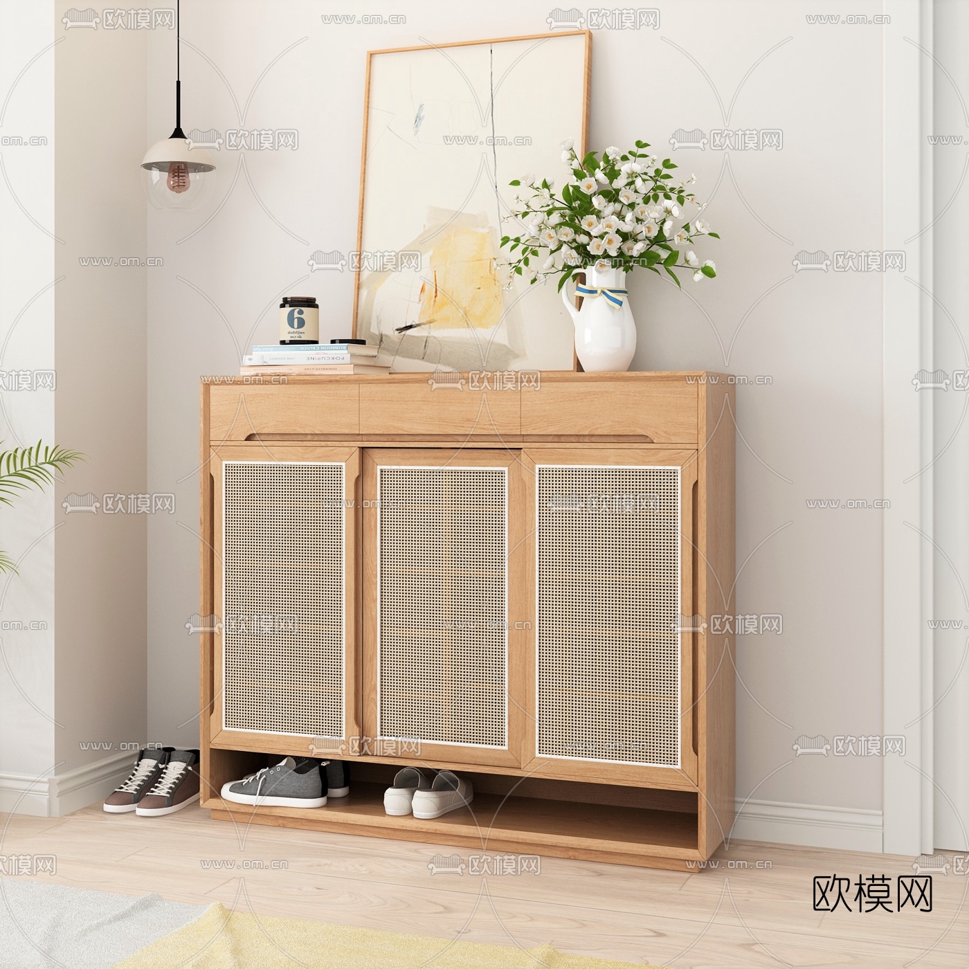 北欧实木藤编鞋柜3d模型下载（渲染图2）