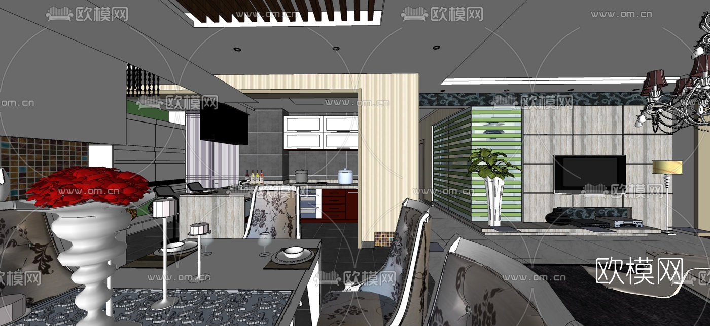 欧式客餐厅su模型下载（渲染图5）