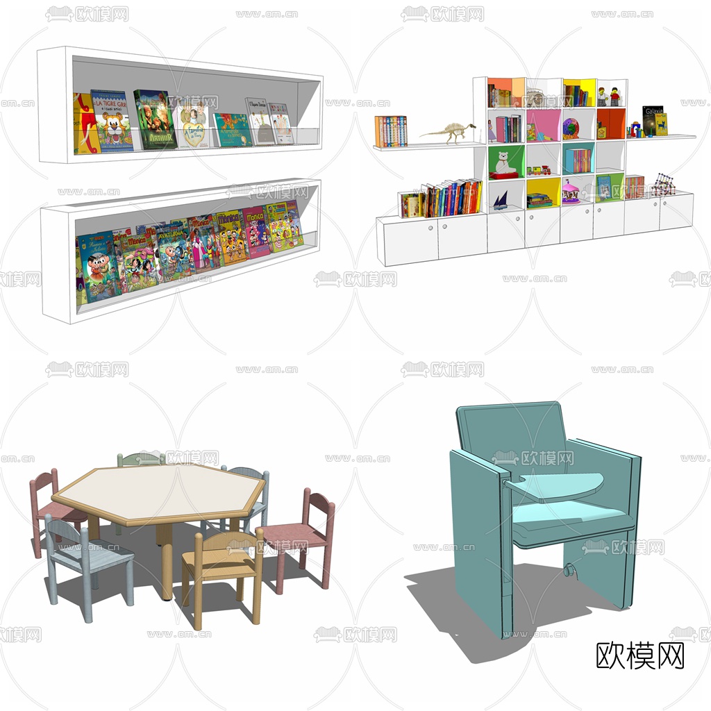 现代儿童桌椅柜子组合su模型下载
