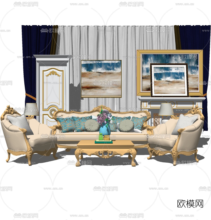 欧式金属皮革沙发组合免费su模型下载_ID10366251_sketchup模型下载-欧模网