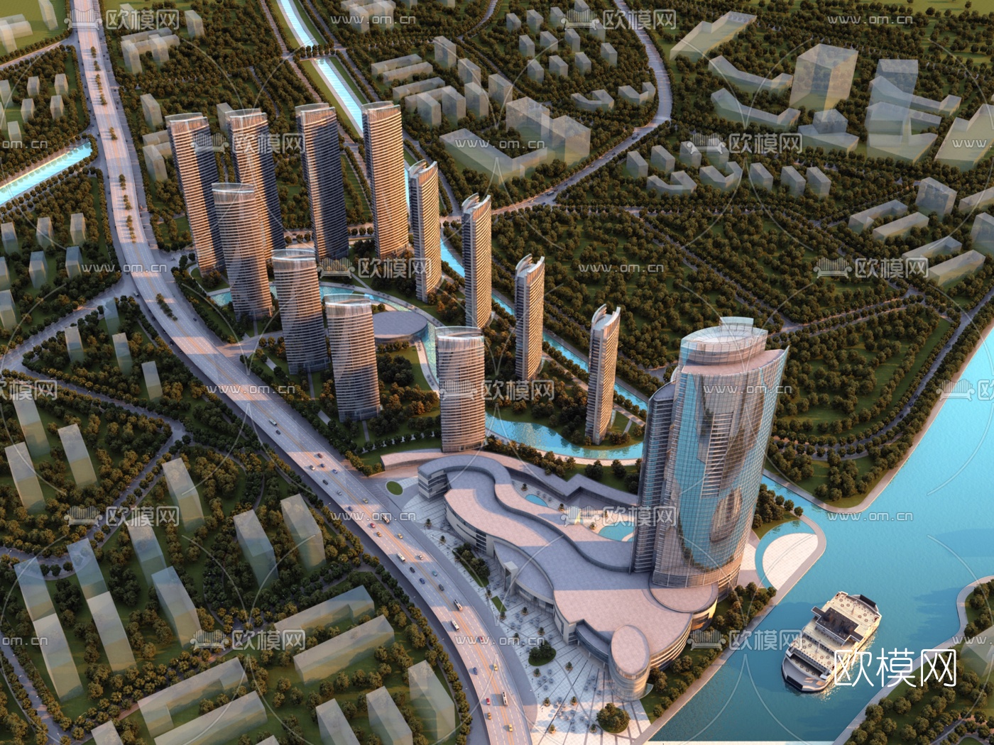 现代城市建筑鸟瞰规划3d模型下载